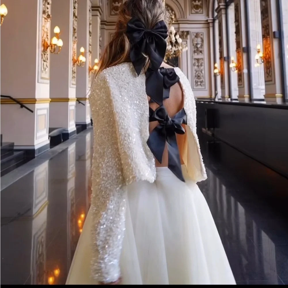 H&M viral bloggers fav white sequin black bow ribbon tie front cardigan / blouse - Picture 7 of 13